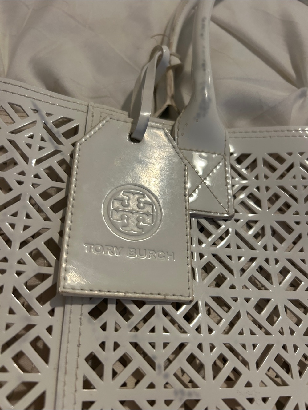 White Laser-Cut Tote Bag with Tag - Picture 2 of 3
